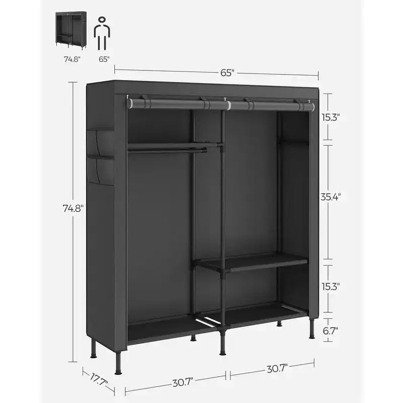 SONGMICS Armoire de penderie, 165 cm, Robuste, Portable, Organisateur de penderie autonome, Portant à vêtements avec housse, 2 tringles de suspension, Noir