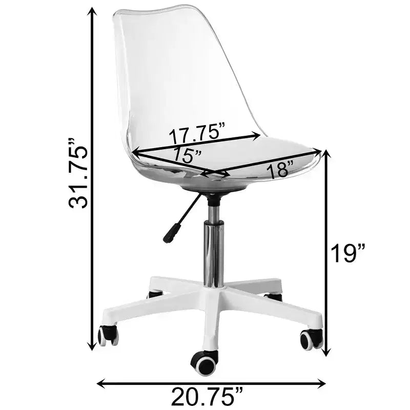 Chaise de bureau en acrylique transparent Fabulaxe - Chaise de bureau sans accoudoirs, réglable en hauteur, à roulettes - Parfaite pour le bureau à domicile ou la coiffeuse avec fonction pivotante