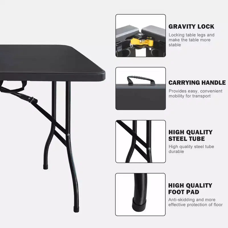 Table pliante portative de 6 pieds, table utilitaire robuste pliable en deux avec poignée, table pliante à hauteur réglable pour pique-nique, fête et camping