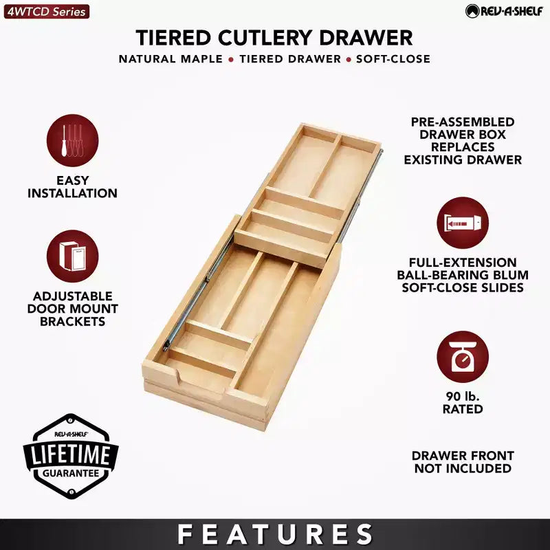Organisateur de tiroir à ustensiles et couverts Rev-A-Shelf avec coulisses Blumotion à fermeture douce, en bois