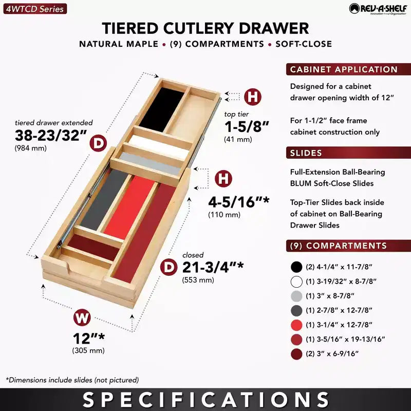 Organisateur de tiroir à ustensiles et couverts Rev-A-Shelf avec coulisses Blumotion à fermeture douce, en bois