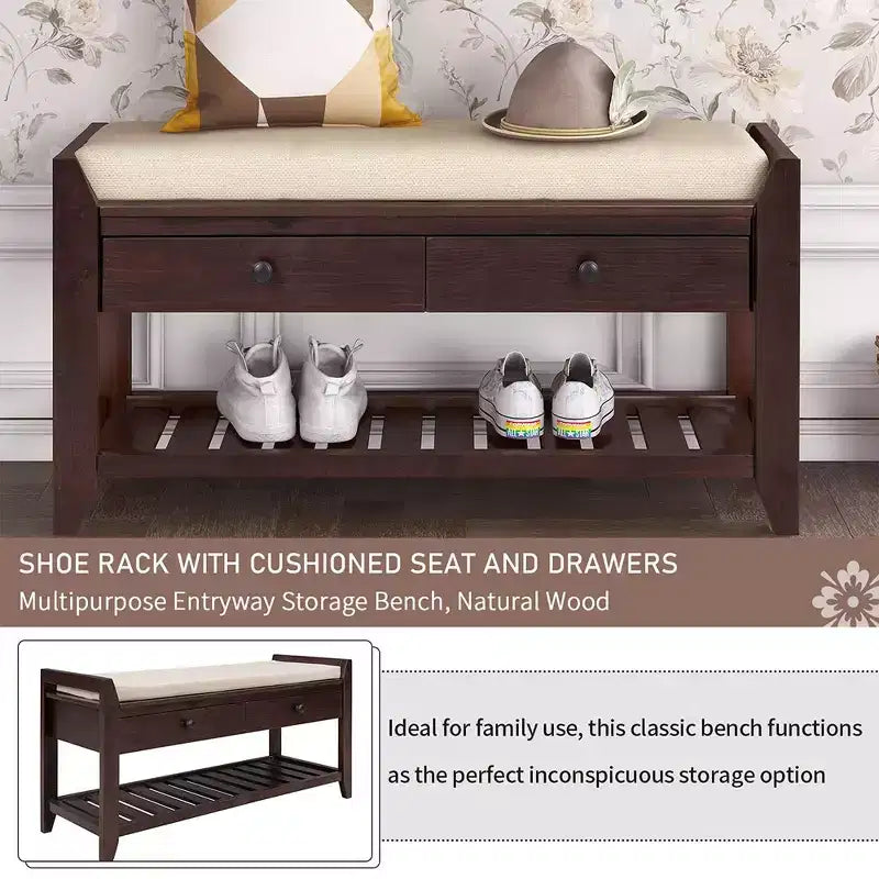 Pouffe de rangement de 99 cm pour salon avec coussin d'assise et tiroirs de rangement, banc à chaussures polyvalent avec étagère inférieure pour chambre, salon, couloir