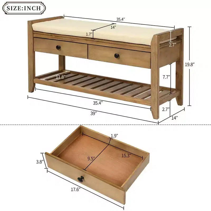Pouffe de rangement de 99 cm pour salon avec coussin d'assise et tiroirs de rangement, banc à chaussures polyvalent avec étagère inférieure pour chambre, salon, couloir