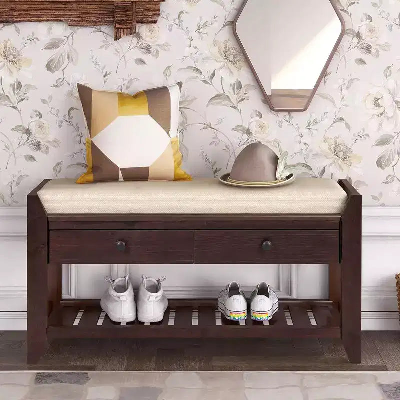 Pouffe de rangement de 99 cm pour salon avec coussin d'assise et tiroirs de rangement, banc à chaussures polyvalent avec étagère inférieure pour chambre, salon, couloir