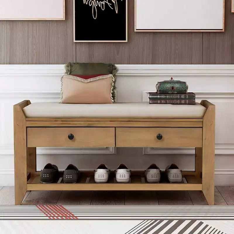 Pouffe de rangement de 99 cm pour salon avec coussin d'assise et tiroirs de rangement, banc à chaussures polyvalent avec étagère inférieure pour chambre, salon, couloir