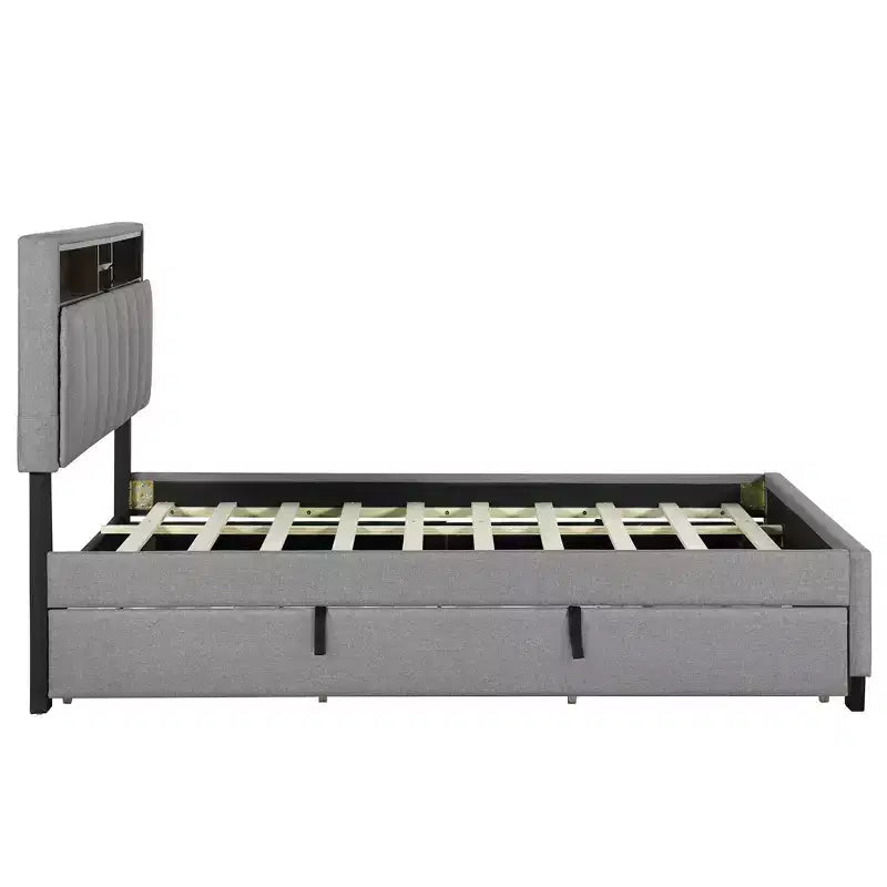 Lit plateforme capitonné pleine/grand lit avec tête de lit de rangement, lit gigogne simple, 2 tiroirs et prises de courant et ports USB, 4L - ModernLuxe