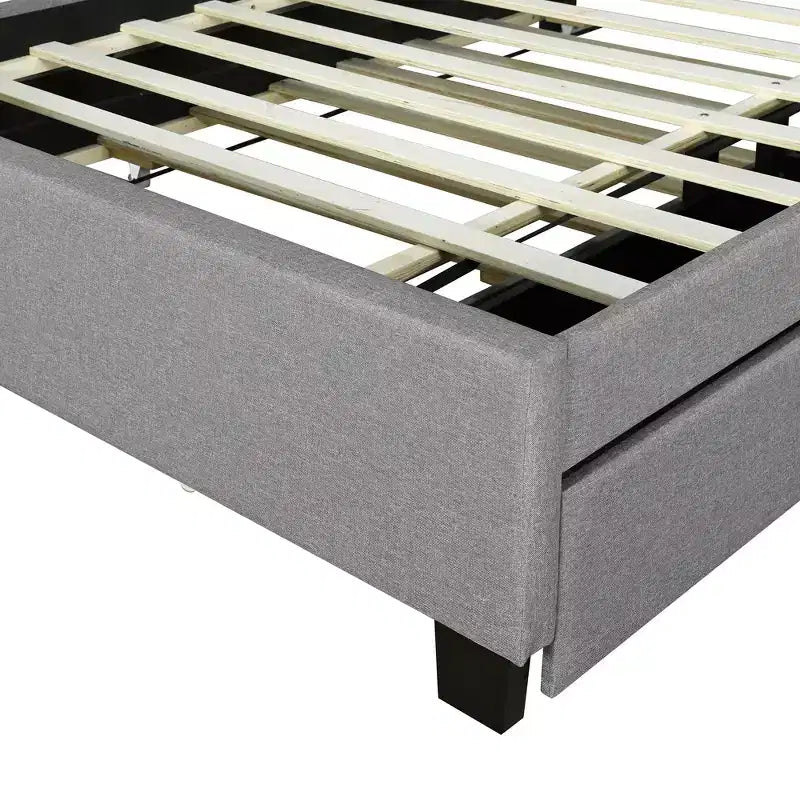 Lit plateforme capitonné pleine/grand lit avec tête de lit de rangement, lit gigogne simple, 2 tiroirs et prises de courant et ports USB, 4L - ModernLuxe