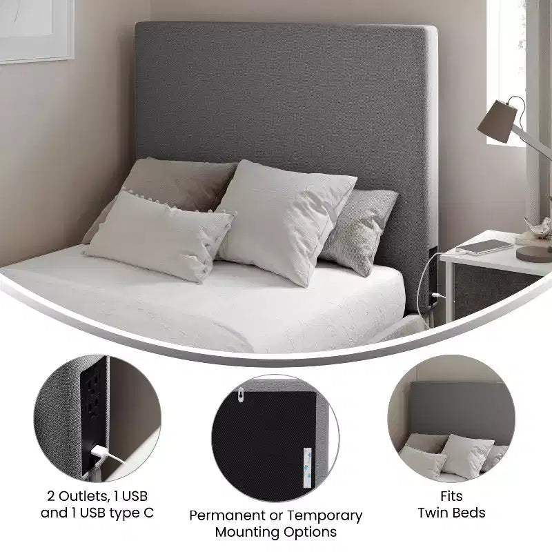 Tête de lit Hugo de Flash Furniture avec 2 prises de courant, 1 port USB et 1 port USB-C, revêtement en similicuir et deux options de fixation