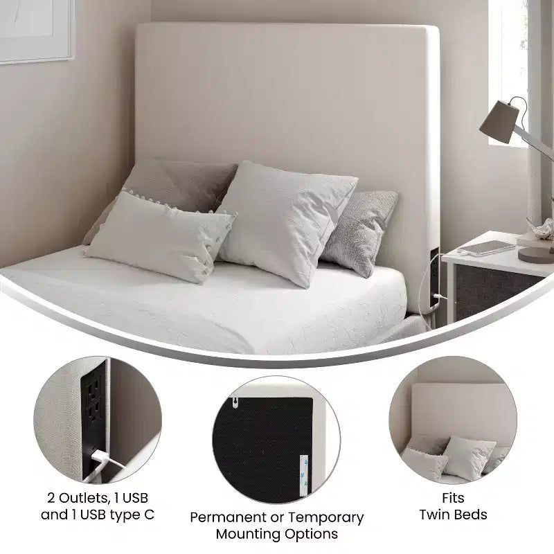 Tête de lit Hugo de Flash Furniture avec 2 prises de courant, 1 port USB et 1 port USB-C, revêtement en similicuir et deux options de fixation