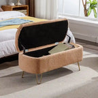 Banc de rangement flou moderne, pouf rembourré avec espace de rangement et pieds dorés, banc de bout de lit, tabouret repose-pieds