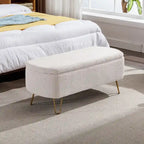 Banc de rangement flou moderne, pouf rembourré avec espace de rangement et pieds dorés, banc de bout de lit, tabouret repose-pieds