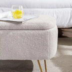 Banc de rangement flou moderne, pouf rembourré avec espace de rangement et pieds dorés, banc de bout de lit, tabouret repose-pieds