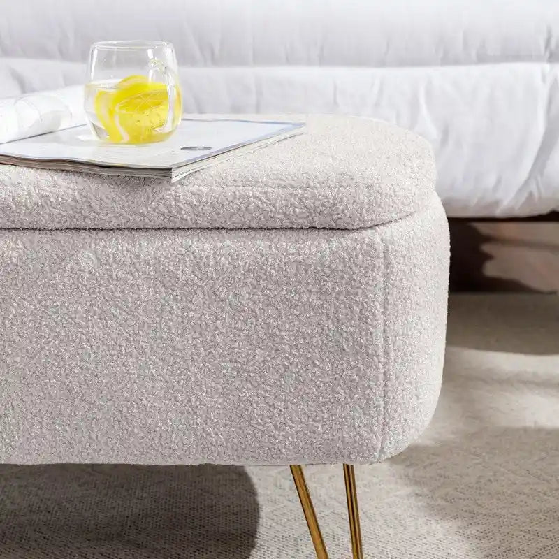 Banc de rangement flou moderne, pouf rembourré avec espace de rangement et pieds dorés, banc de bout de lit, tabouret repose-pieds