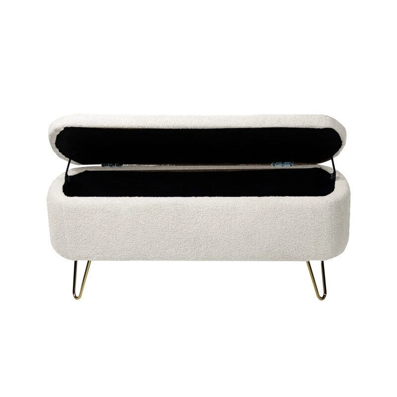 Banc de rangement flou moderne, pouf rembourré avec espace de rangement et pieds dorés, banc de bout de lit, tabouret repose-pieds