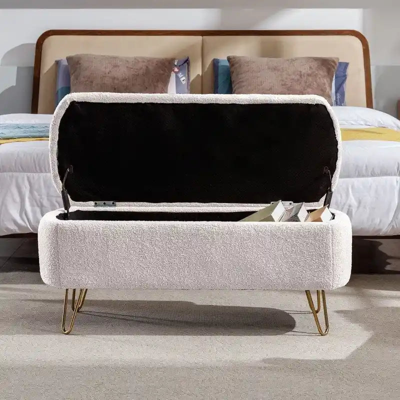 Banc de rangement flou moderne, pouf rembourré avec espace de rangement et pieds dorés, banc de bout de lit, tabouret repose-pieds