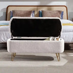 Banc de rangement flou moderne, pouf rembourré avec espace de rangement et pieds dorés, banc de bout de lit, tabouret repose-pieds