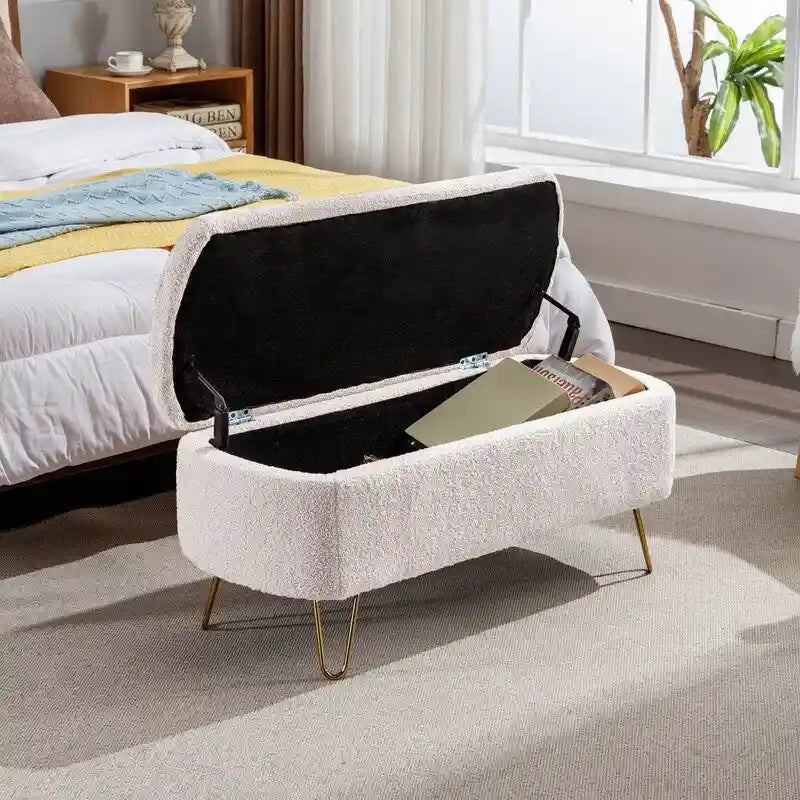 Banc de rangement flou moderne, pouf rembourré avec espace de rangement et pieds dorés, banc de bout de lit, tabouret repose-pieds