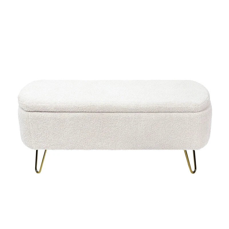 Banc de rangement flou moderne, pouf rembourré avec espace de rangement et pieds dorés, banc de bout de lit, tabouret repose-pieds