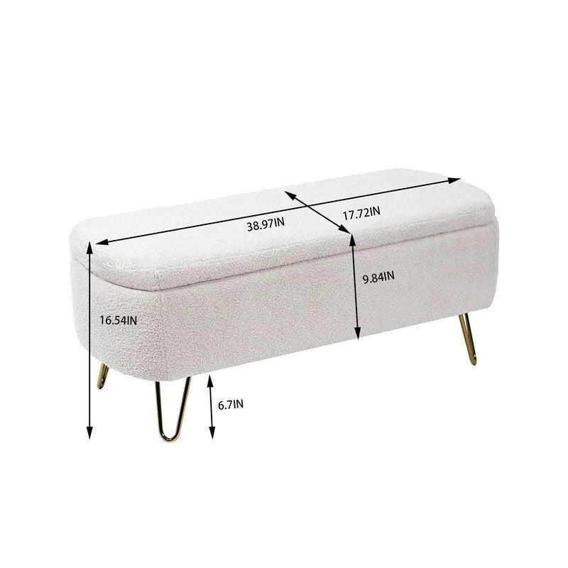 Banc de rangement flou moderne, pouf rembourré avec espace de rangement et pieds dorés, banc de bout de lit, tabouret repose-pieds