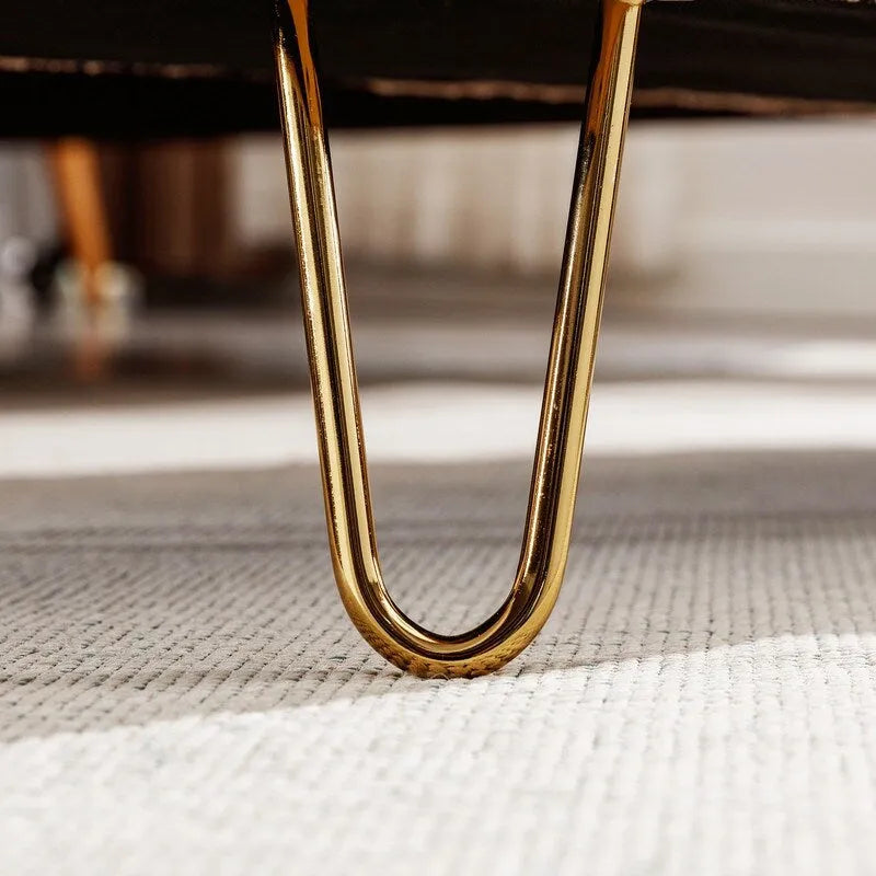 Banc de rangement flou moderne, pouf rembourré avec espace de rangement et pieds dorés, banc de bout de lit, tabouret repose-pieds