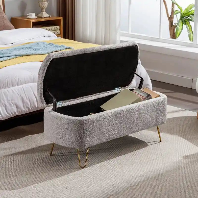 Banc de rangement flou moderne, pouf rembourré avec espace de rangement et pieds dorés, banc de bout de lit, tabouret repose-pieds