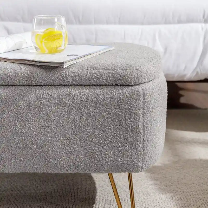 Banc de rangement flou moderne, pouf rembourré avec espace de rangement et pieds dorés, banc de bout de lit, tabouret repose-pieds