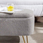 Banc de rangement flou moderne, pouf rembourré avec espace de rangement et pieds dorés, banc de bout de lit, tabouret repose-pieds