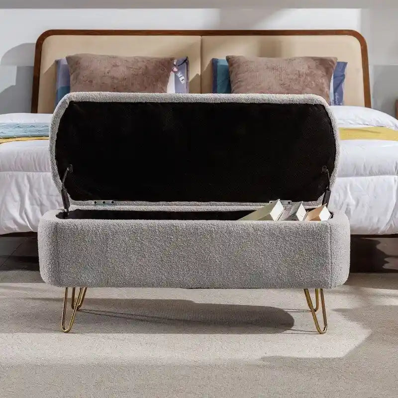 Banc de rangement flou moderne, pouf rembourré avec espace de rangement et pieds dorés, banc de bout de lit, tabouret repose-pieds
