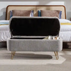Banc de rangement flou moderne, pouf rembourré avec espace de rangement et pieds dorés, banc de bout de lit, tabouret repose-pieds