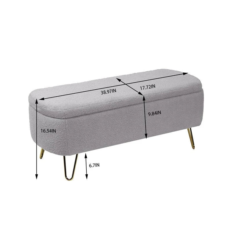Banc de rangement flou moderne, pouf rembourré avec espace de rangement et pieds dorés, banc de bout de lit, tabouret repose-pieds