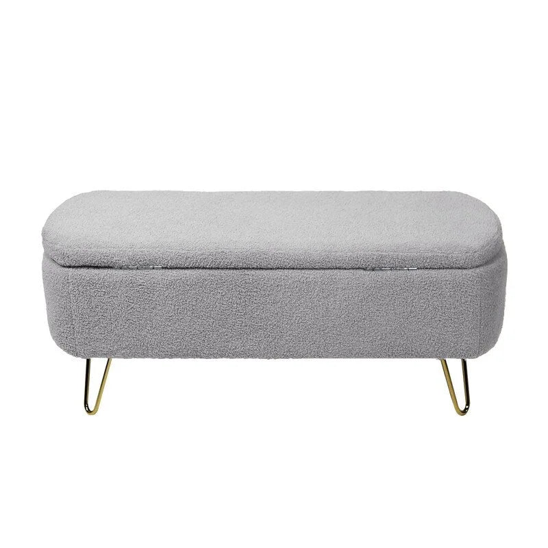 Banc de rangement flou moderne, pouf rembourré avec espace de rangement et pieds dorés, banc de bout de lit, tabouret repose-pieds