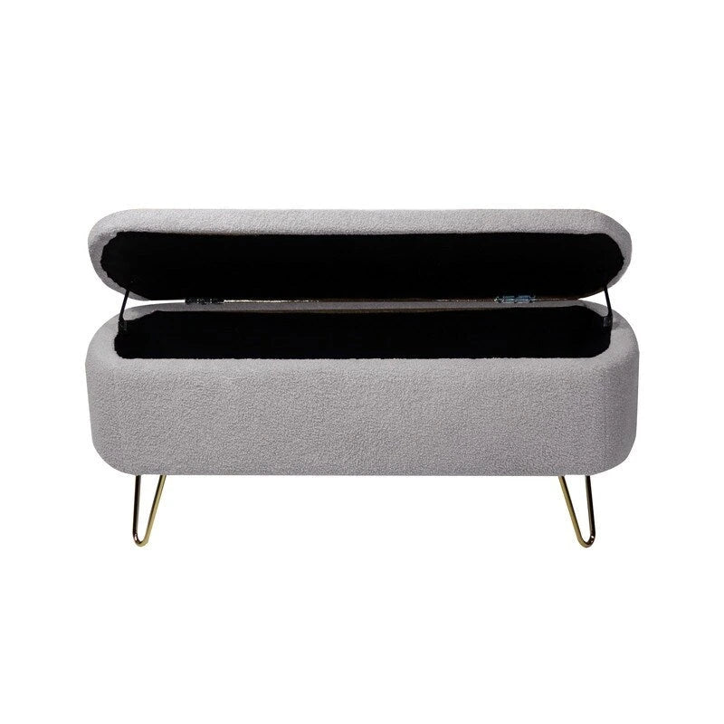 Banc de rangement flou moderne, pouf rembourré avec espace de rangement et pieds dorés, banc de bout de lit, tabouret repose-pieds