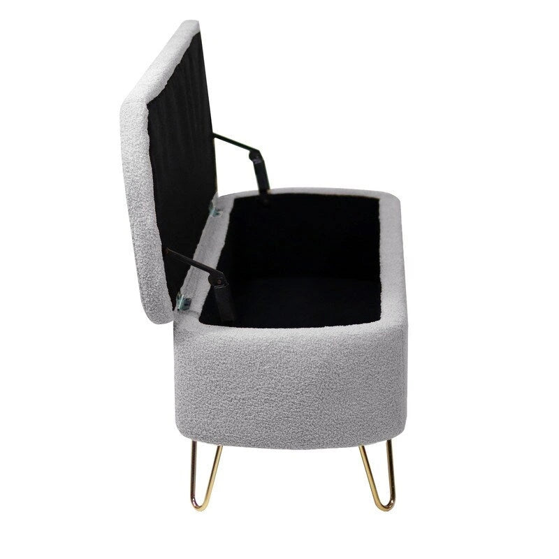 Banc de rangement flou moderne, pouf rembourré avec espace de rangement et pieds dorés, banc de bout de lit, tabouret repose-pieds