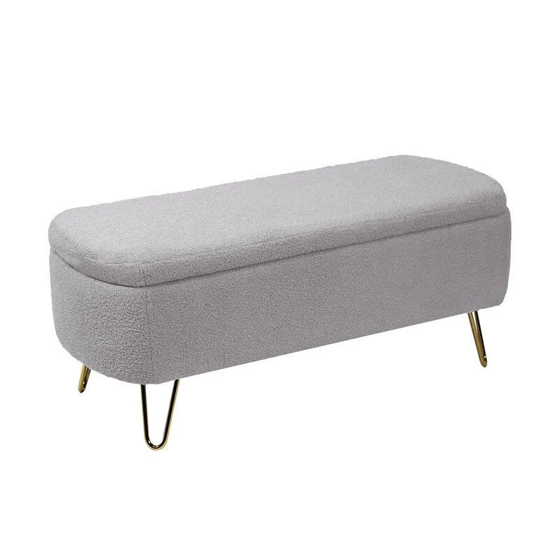 Banc de rangement flou moderne, pouf rembourré avec espace de rangement et pieds dorés, banc de bout de lit, tabouret repose-pieds