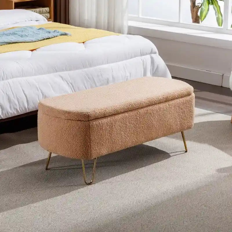 Banc de rangement flou moderne, pouf rembourré avec espace de rangement et pieds dorés, banc de bout de lit, tabouret repose-pieds