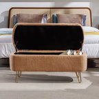 Banc de rangement flou moderne, pouf rembourré avec espace de rangement et pieds dorés, banc de bout de lit, tabouret repose-pieds