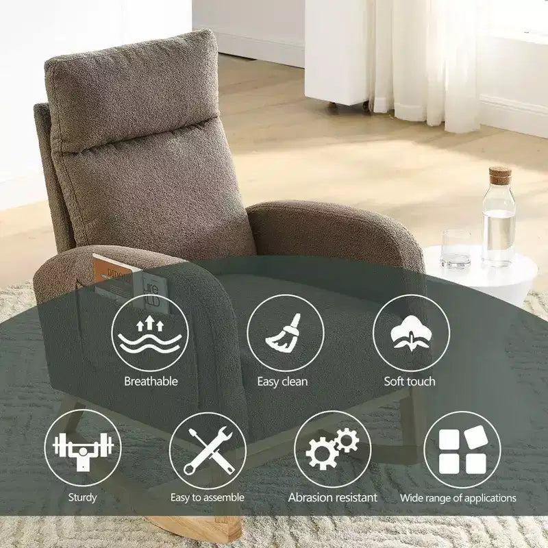 Fauteuil à bascule moderne pour chambre d'enfant, fauteuil à bascule rembourré avec poche latérale, fauteuil d'appoint en tissu Teddy, fauteuil de lecture confortable pour salon et chambre à coucher