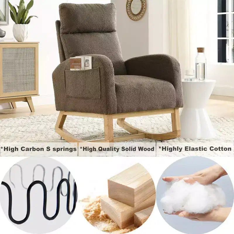 Fauteuil à bascule moderne pour chambre d'enfant, fauteuil à bascule rembourré avec poche latérale, fauteuil d'appoint en tissu Teddy, fauteuil de lecture confortable pour salon et chambre à coucher