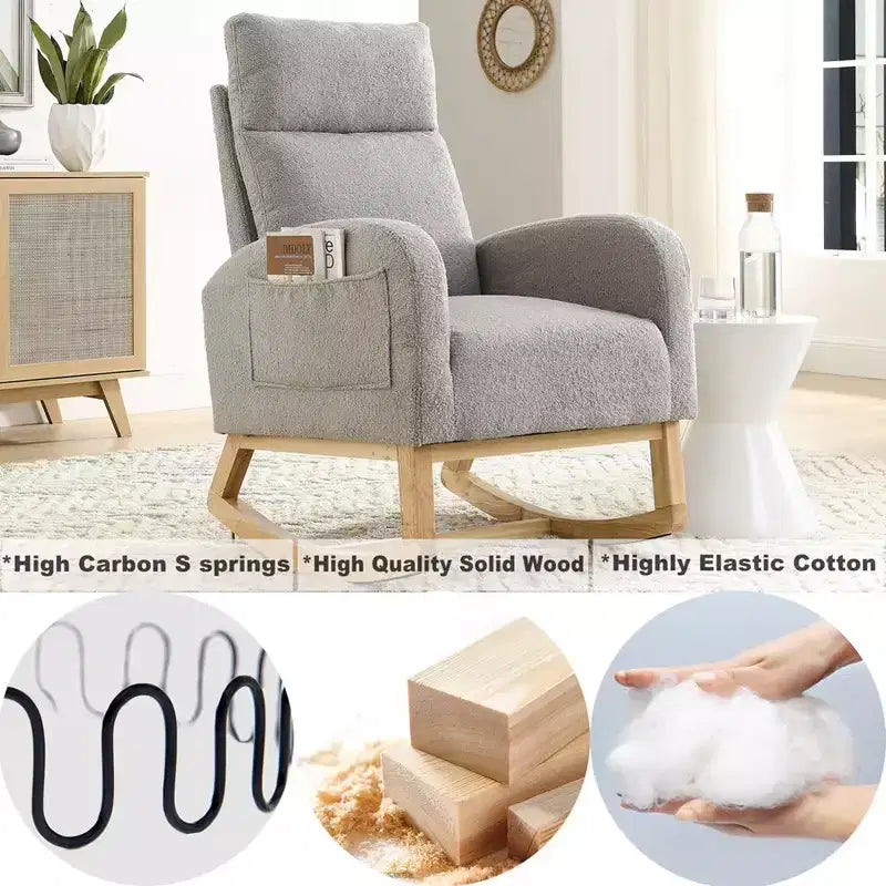 Fauteuil à bascule moderne pour chambre d'enfant, fauteuil à bascule rembourré avec poche latérale, fauteuil d'appoint en tissu Teddy, fauteuil de lecture confortable pour salon et chambre à coucher