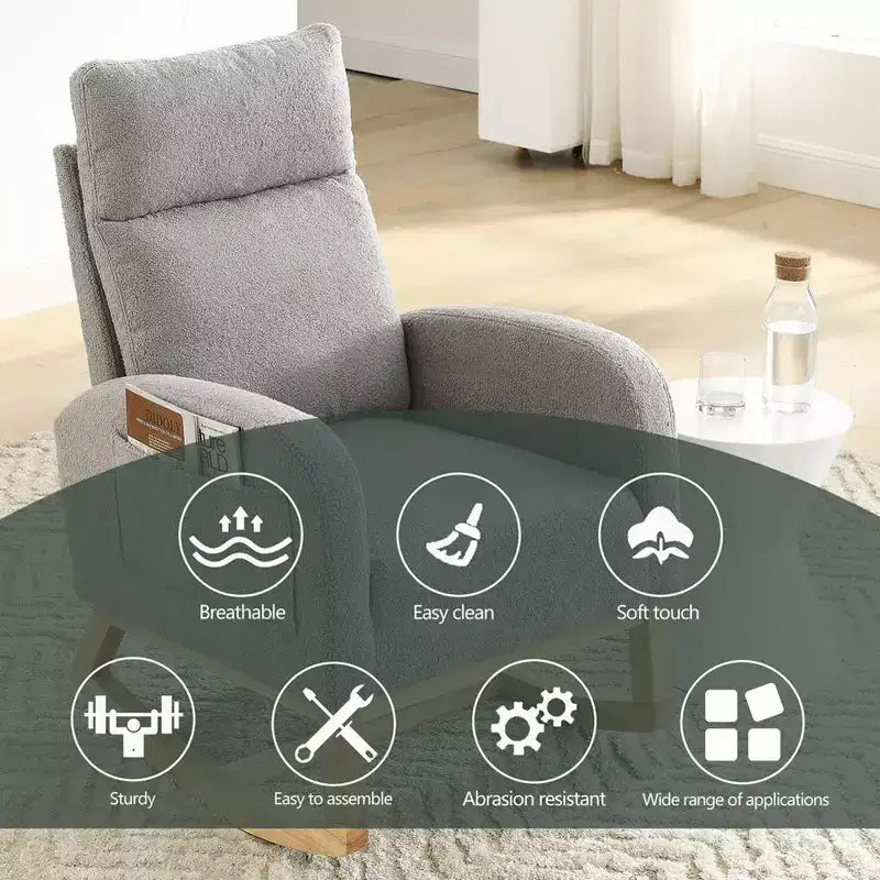 Fauteuil à bascule moderne pour chambre d'enfant, fauteuil à bascule rembourré avec poche latérale, fauteuil d'appoint en tissu Teddy, fauteuil de lecture confortable pour salon et chambre à coucher