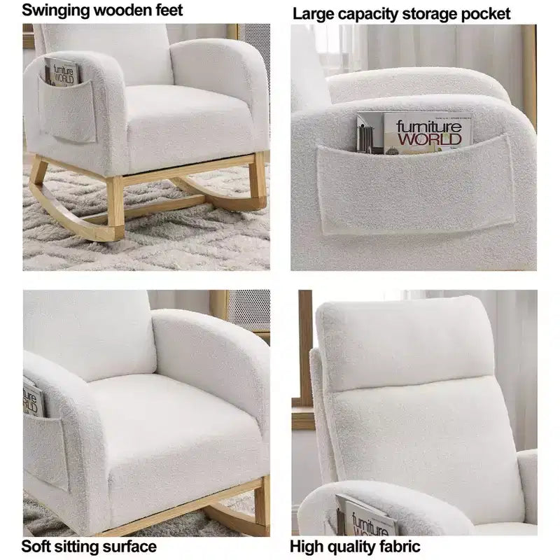 Fauteuil à bascule moderne pour chambre d'enfant, fauteuil à bascule rembourré avec poche latérale, fauteuil d'appoint en tissu Teddy, fauteuil de lecture confortable pour salon et chambre à coucher