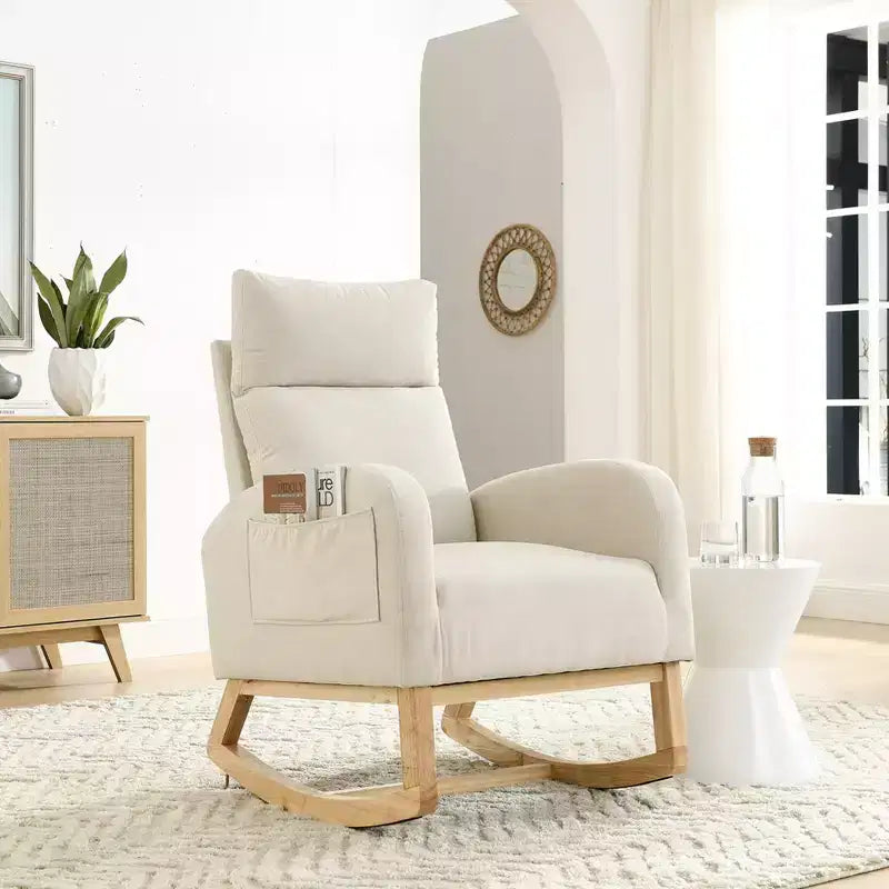 Modern Nursery Rocking Chair, Upholstered Glider Rocker with Side Pocket, Teddy Fabric Accent Armchair, Comfy Reading Chair for Living Room Bedroom