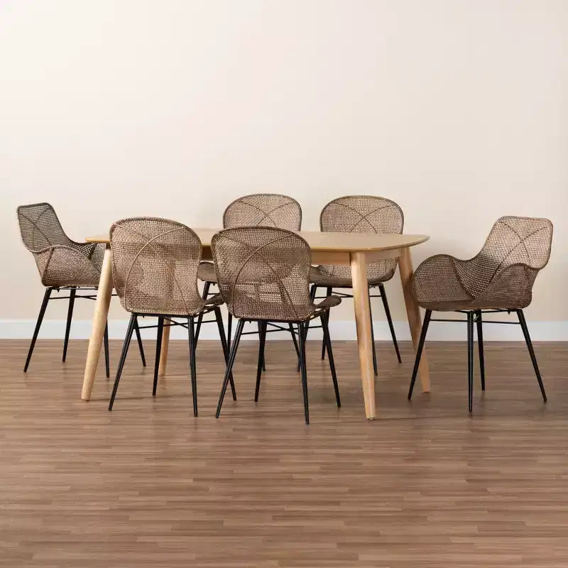 Ensemble de salle à manger 7 pièces moderne bohème en rotin et bois Emmali Baxton Studio