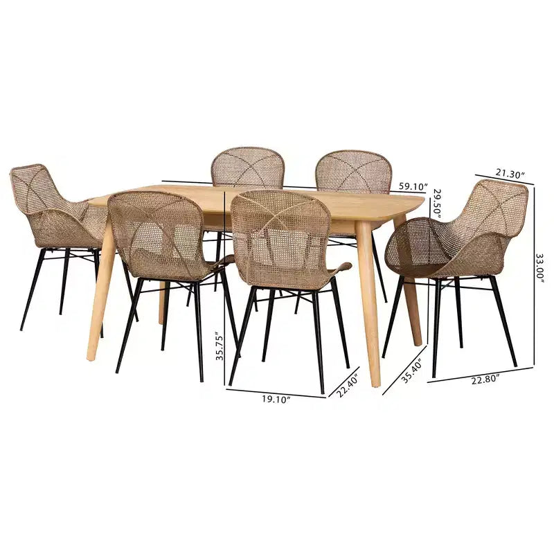Ensemble de salle à manger 7 pièces moderne bohème en rotin et bois Emmali Baxton Studio