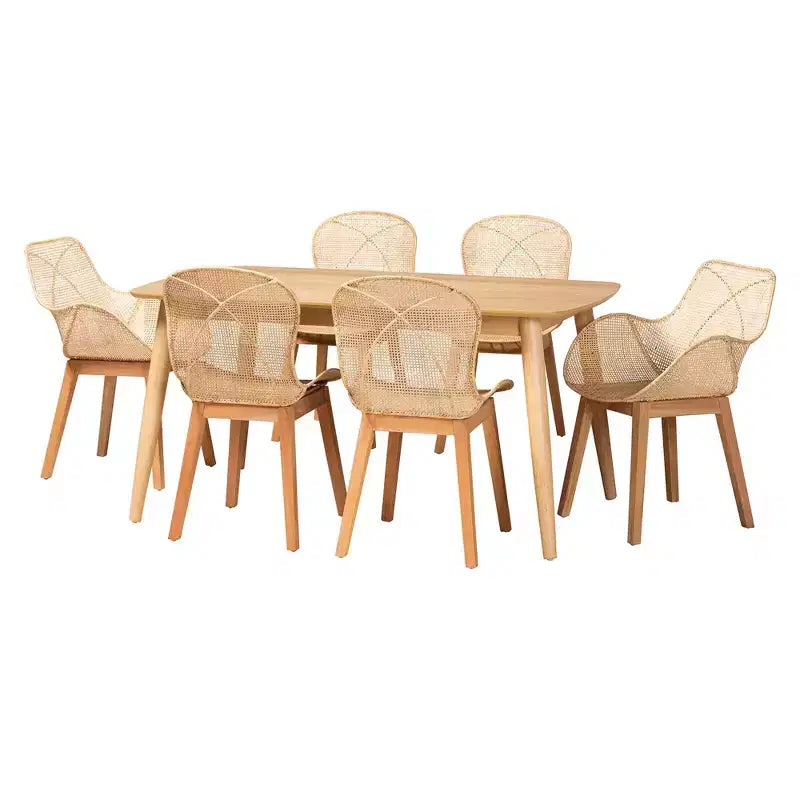 Ensemble de salle à manger 7 pièces moderne bohème en rotin et bois Emmali Baxton Studio