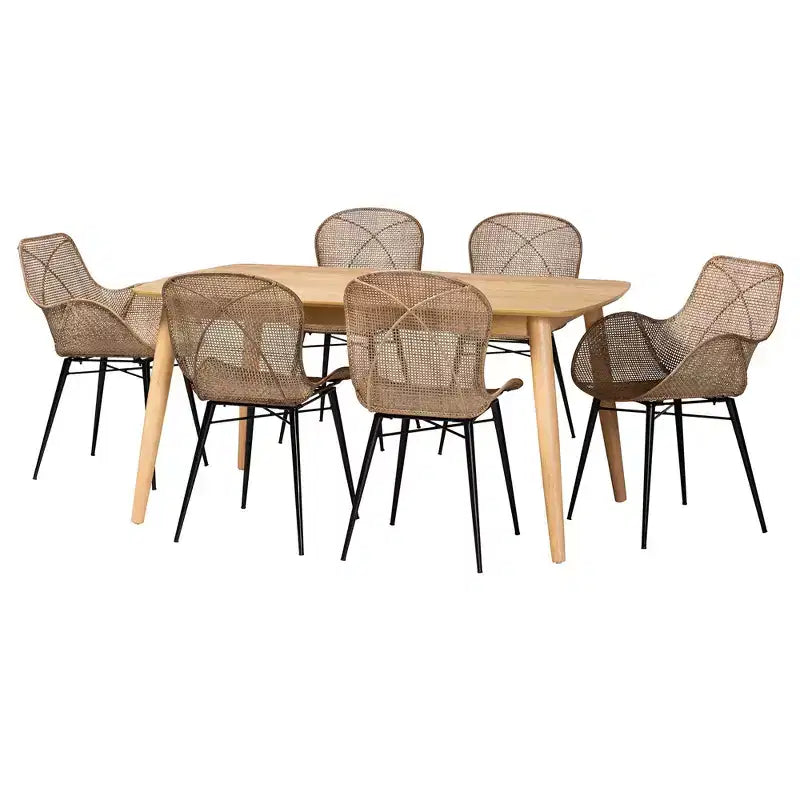Ensemble de salle à manger 7 pièces moderne bohème en rotin et bois Emmali Baxton Studio