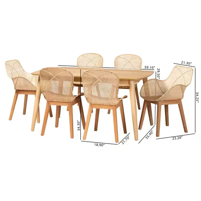 Ensemble de salle à manger 7 pièces moderne bohème en rotin et bois Emmali Baxton Studio