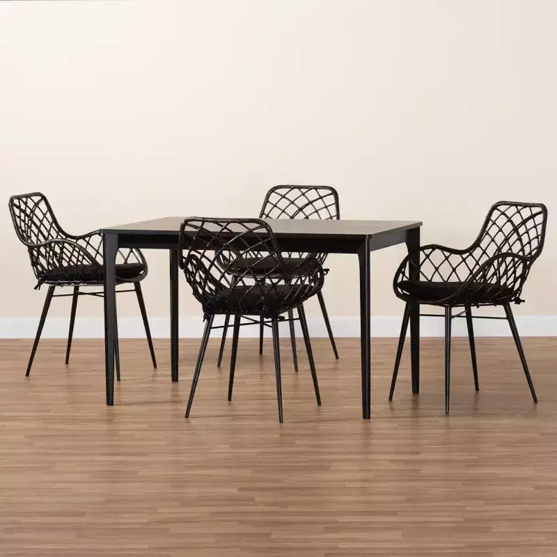 Ensemble de salle à manger 5 pièces en bois et rotin moderne bohème Baxton Studio Ballerina