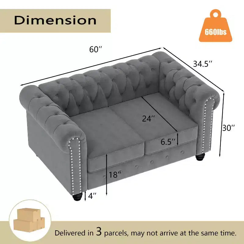 Canapé 2 places de 152 cm en velours gris pour ensemble de meubles de salon - Morden Fort