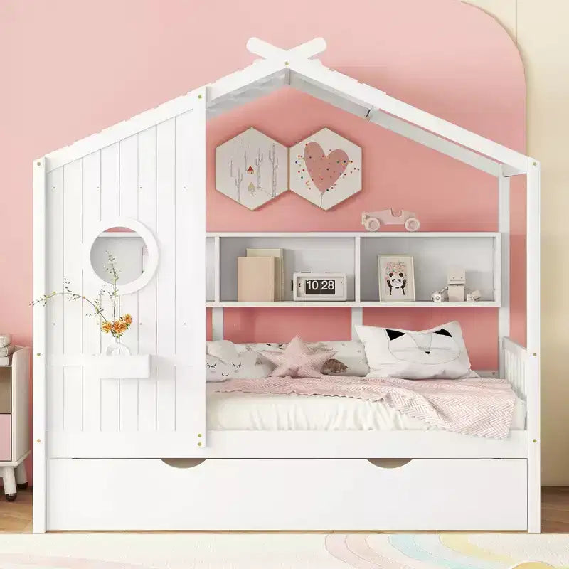 Lit cabane en bois, taille double/pleine, avec lit gigogne et étagère de rangement pour enfants, 4Q - ModernLuxe